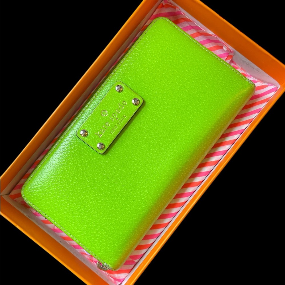 Kate Spade Neon Lime Green Zip Wallet & Neon Pink, Orange and Gold KS Box - Picture 5 of 16